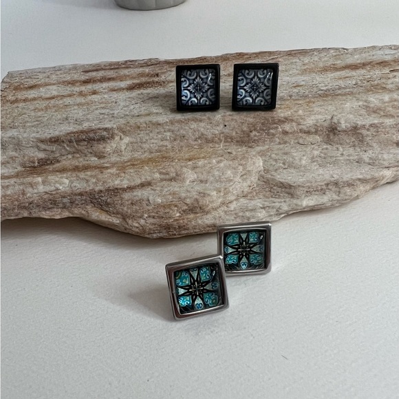 Classic Square Stud Earrings - Black and Silver Trendy Stud Earring Set - Picture 2 of 15